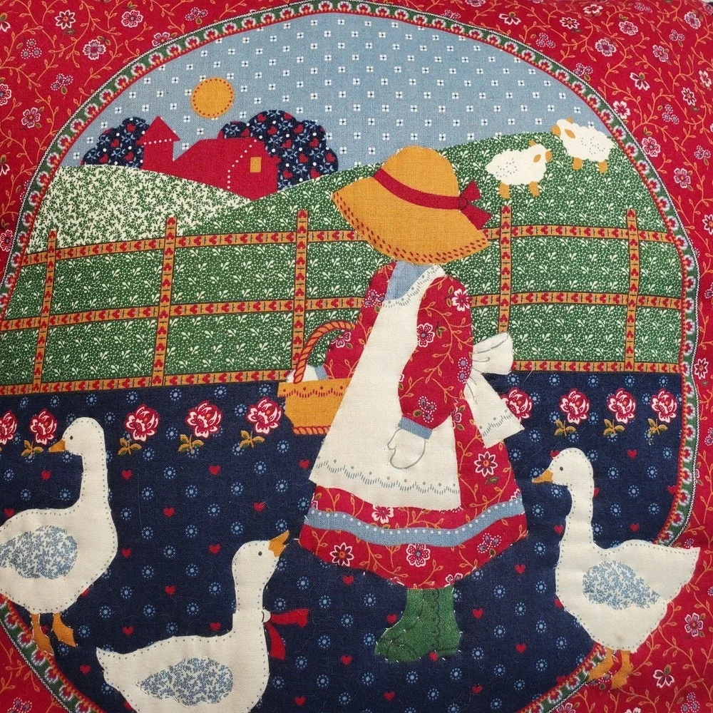 Vintage Throw Pillow Set Girl Feeding Ducks Geese Holly Hobbie Style Cottagecore